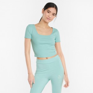Tee Puma Classics Acanalado Fitted Azules | 21038HGLA
