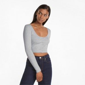 Tee Puma Classics Acanalado Long Sleeve Azules | 92063YOGZ