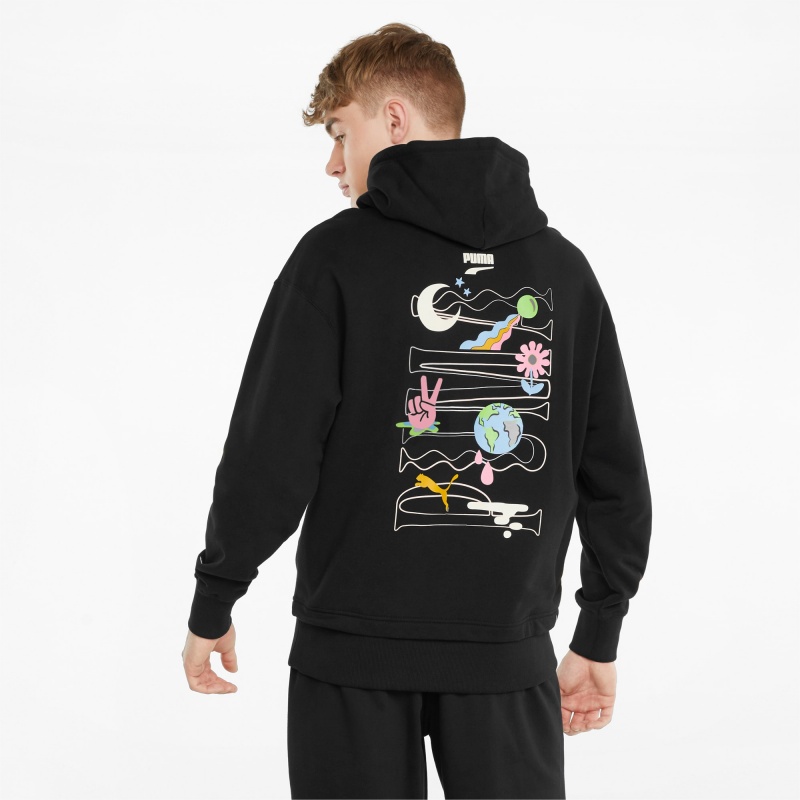 Sudadera con Capucha Puma Downtown Estampados French Terry Negros | 21406ROGD
