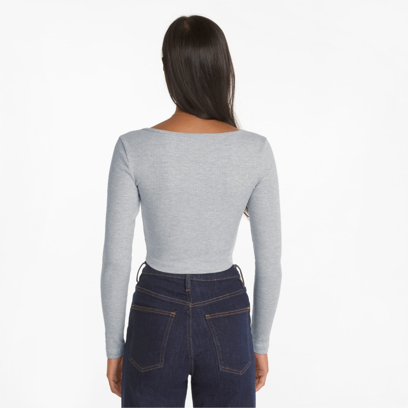 Tee Puma Classics Acanalado Long Sleeve Azules | 92063YOGZ
