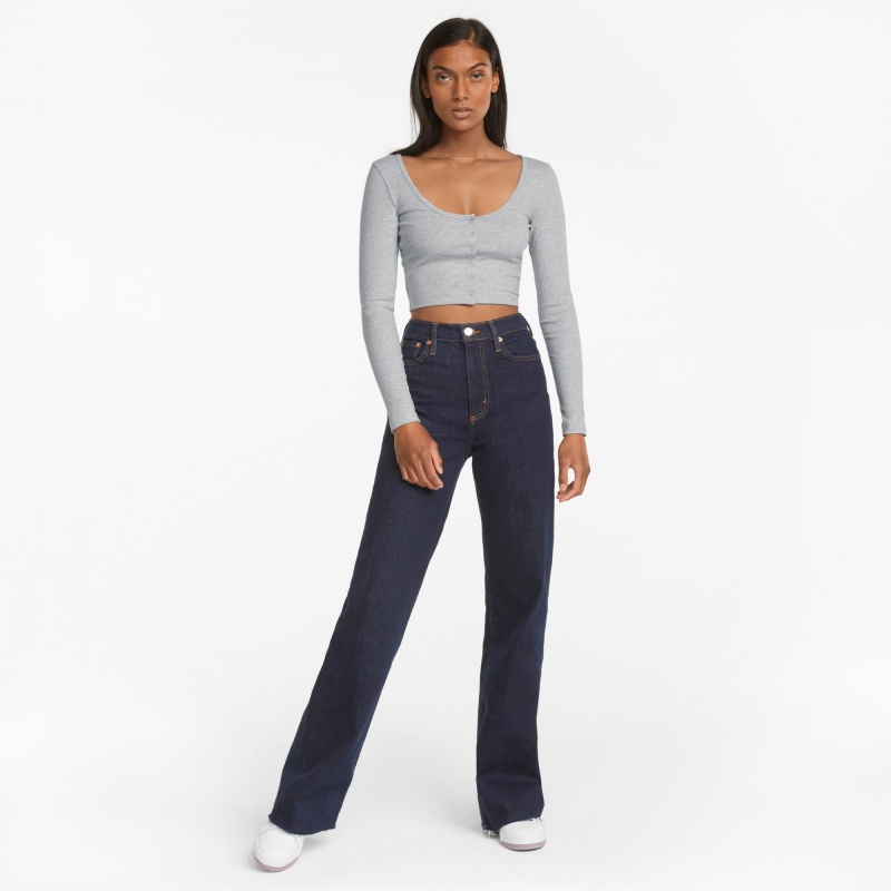 Tee Puma Classics Acanalado Long Sleeve Azules | 92063YOGZ