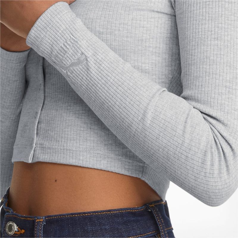 Tee Puma Classics Acanalado Long Sleeve Azules | 92063YOGZ