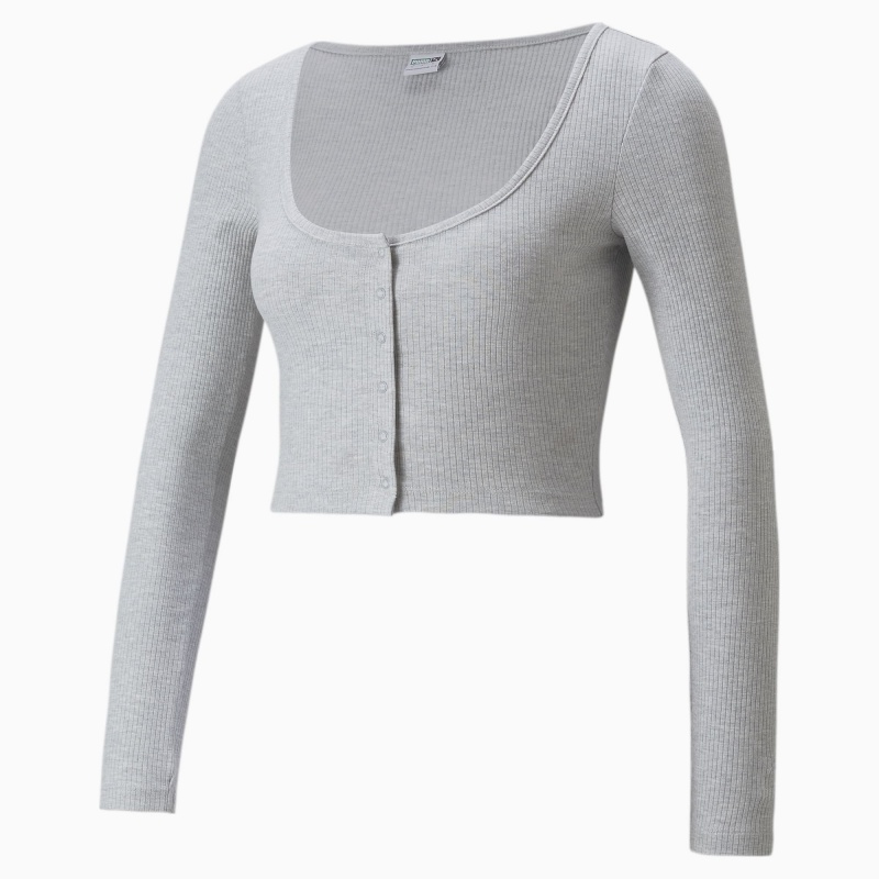 Tee Puma Classics Acanalado Long Sleeve Azules | 92063YOGZ
