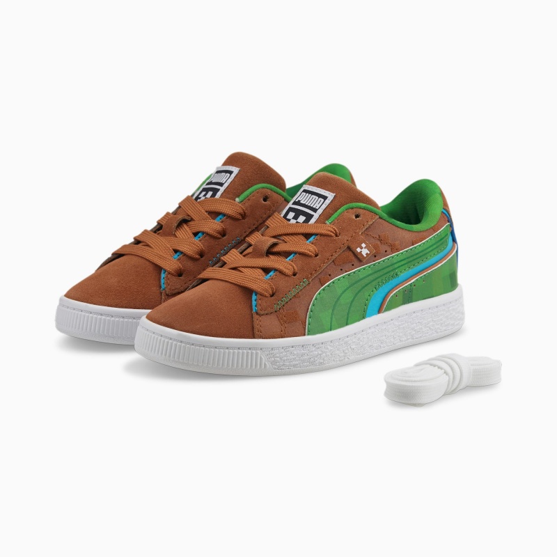 Tenis Puma PUMA x MINECRAFT Suede Little Marrom Verdes | 70259AJMF
