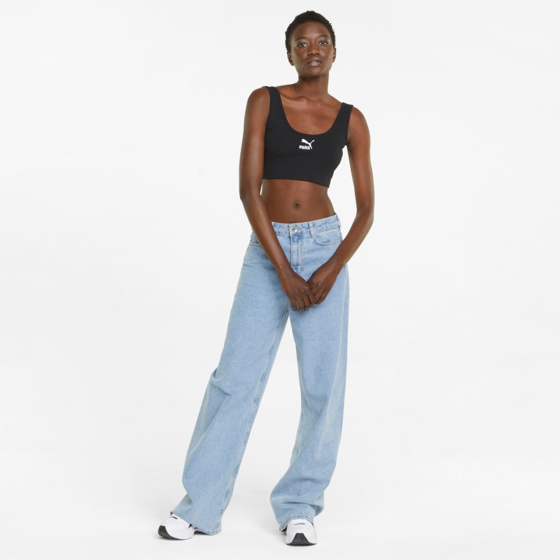 Top Puma Classics Acanalado Crop Negros | 65984IBSE